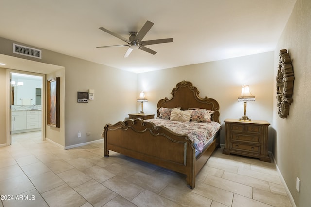 bedroom featuring ceiling fan and ensuite bath