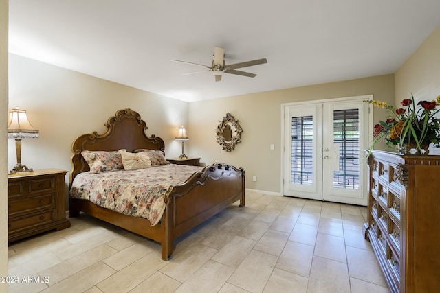 tiled bedroom with ceiling fan, french doors, and access to outside