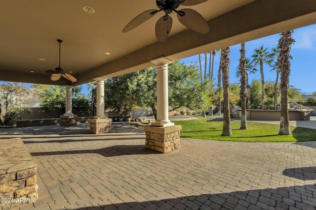 view of patio featuring ceiling fan