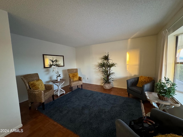 sitting room with dark hardwood / wood-style flooring and a textured ceiling