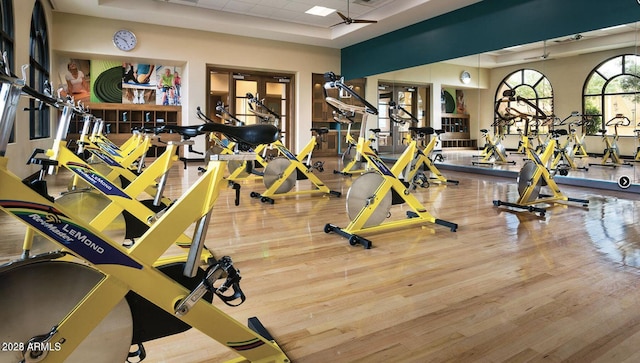 workout area featuring a tray ceiling, hardwood / wood-style flooring, french doors, and ceiling fan