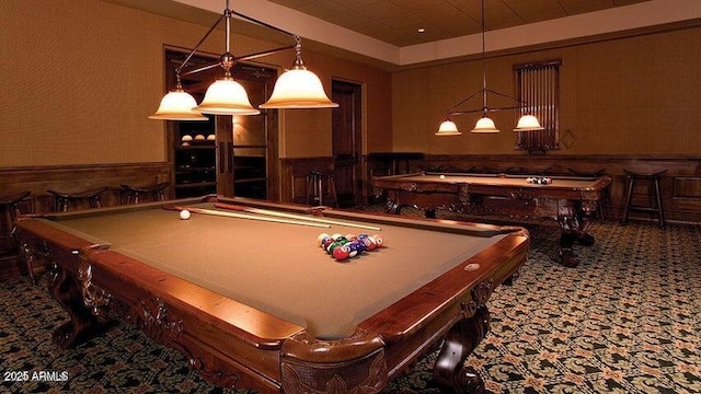 recreation room featuring billiards and carpet flooring