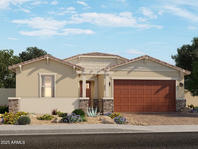 view of front of home with a garage, stone siding, a tile roof, decorative driveway, and stucco siding