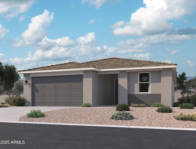 view of front facade with a garage, concrete driveway, and stucco siding