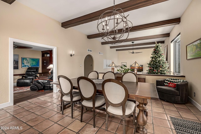 tiled dining space with beamed ceiling and ceiling fan with notable chandelier