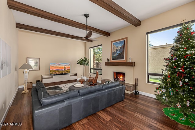 living room featuring beam ceiling, ceiling fan, and dark hardwood / wood-style flooring