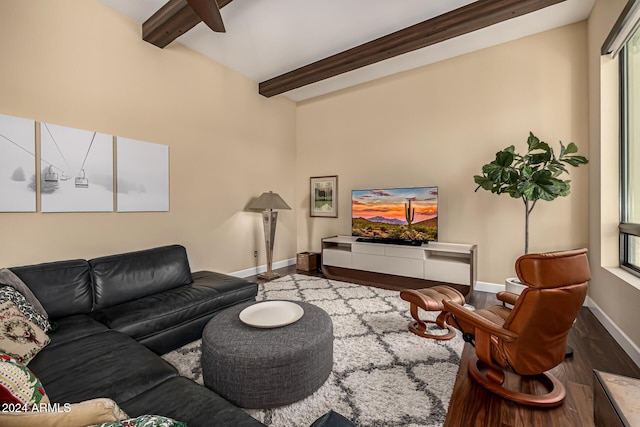 living room featuring beamed ceiling, hardwood / wood-style floors, and a wealth of natural light