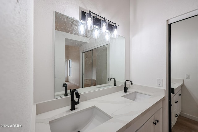 bathroom with hardwood / wood-style flooring and vanity