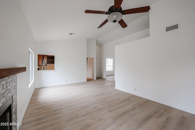 unfurnished living room with sink, light hardwood / wood-style flooring, high vaulted ceiling, and ceiling fan