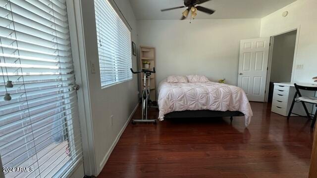 bedroom featuring dark wood-type flooring and ceiling fan