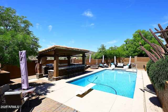 11215 N Garland Cir, Fountain Hills, AZ 85268 - view of swimming pool with a fenced backyard, outdoor dry bar, a fenced in pool, a patio area, and a gazebo
