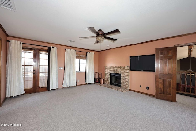 11215 N Garland Cir, Fountain Hills, AZ 85268 - unfurnished living room with a ceiling fan, french doors, crown molding, a fireplace, and carpet