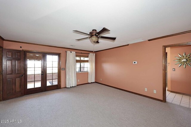 11215 N Garland Cir, Fountain Hills, AZ 85268 - empty room featuring ceiling fan, french doors, light colored carpet, crown molding, and baseboards