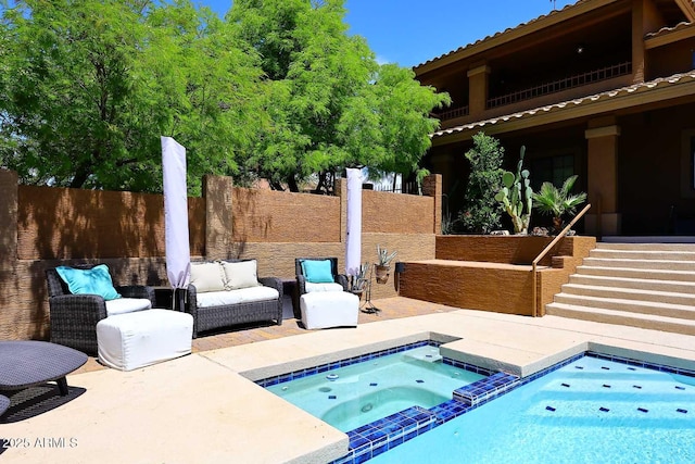 11215 N Garland Cir, Fountain Hills, AZ 85268 - view of swimming pool featuring an outdoor living space, a patio area, fence, and a pool with connected hot tub
