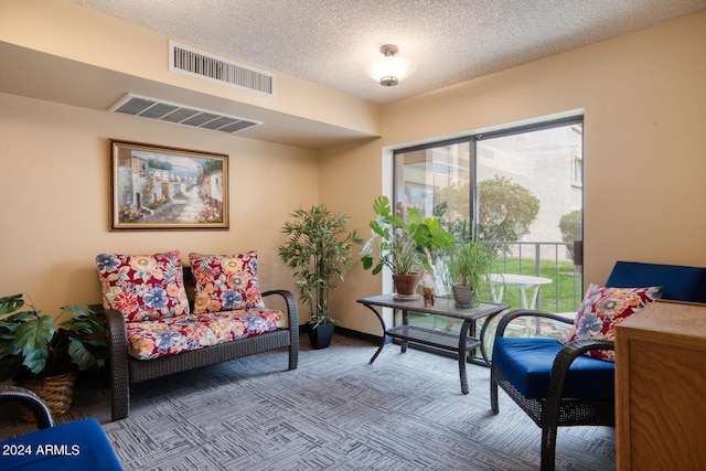 living area with a textured ceiling