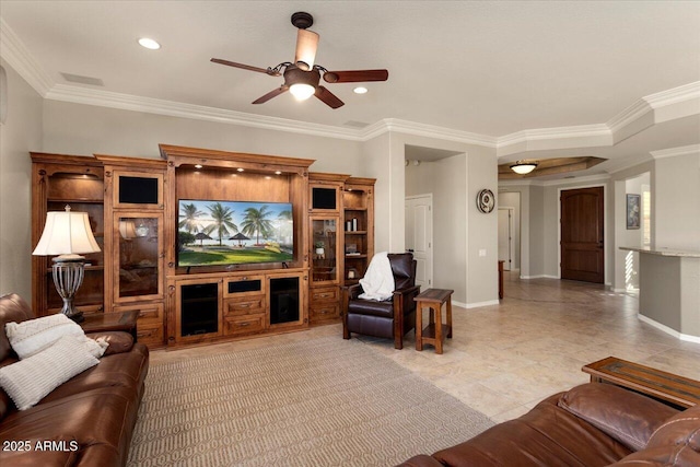 living room featuring ceiling fan and ornamental molding