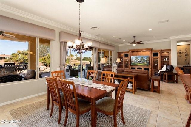 tiled dining room with crown molding and ceiling fan with notable chandelier