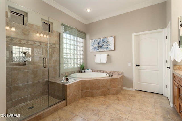 bathroom featuring ornamental molding, vanity, plus walk in shower, and tile patterned floors