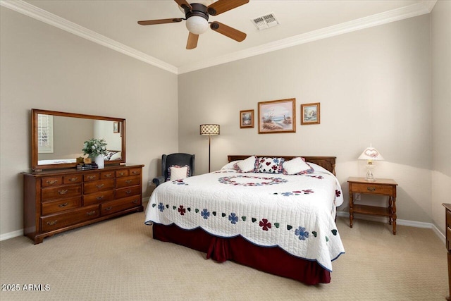 carpeted bedroom with crown molding and ceiling fan