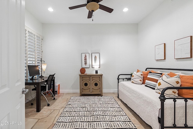 bedroom with baseboards, a ceiling fan, and recessed lighting