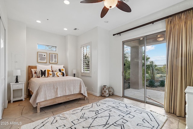 bedroom with visible vents, baseboards, ceiling fan, access to outside, and recessed lighting