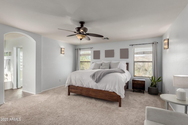 carpeted bedroom featuring ceiling fan