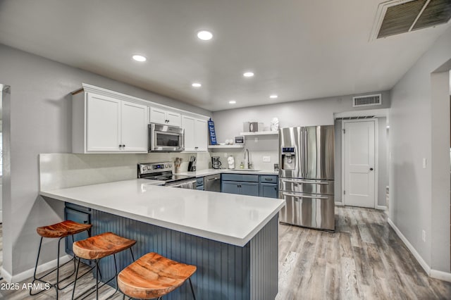 kitchen featuring sink, a breakfast bar area, white cabinetry, stainless steel appliances, and kitchen peninsula