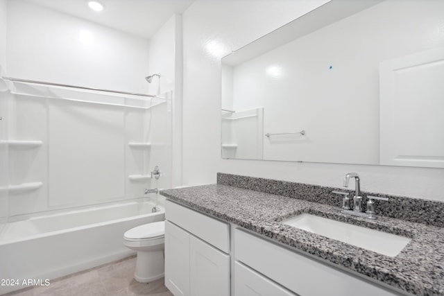 full bathroom featuring vanity, bathtub / shower combination, tile patterned floors, and toilet