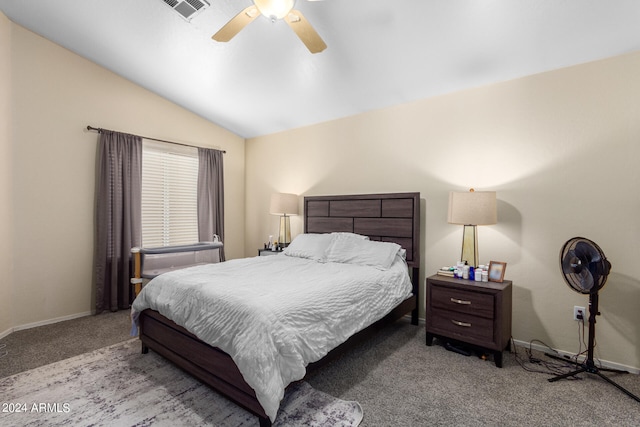 carpeted bedroom featuring ceiling fan and lofted ceiling