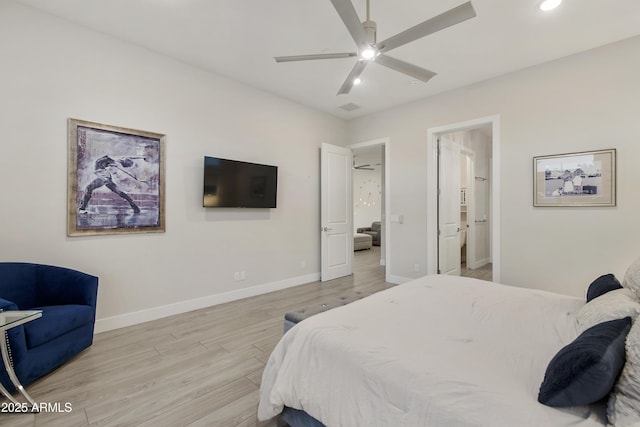 bedroom with light wood-type flooring, baseboards, a ceiling fan, and recessed lighting