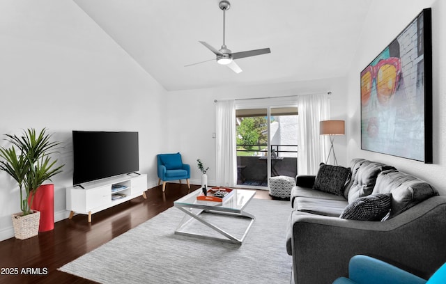 7350 N Via Paseo Del Sur Unit O202, Scottsdale, AZ 85258 - living area featuring a ceiling fan, baseboards, wood finished floors, and high vaulted ceiling
