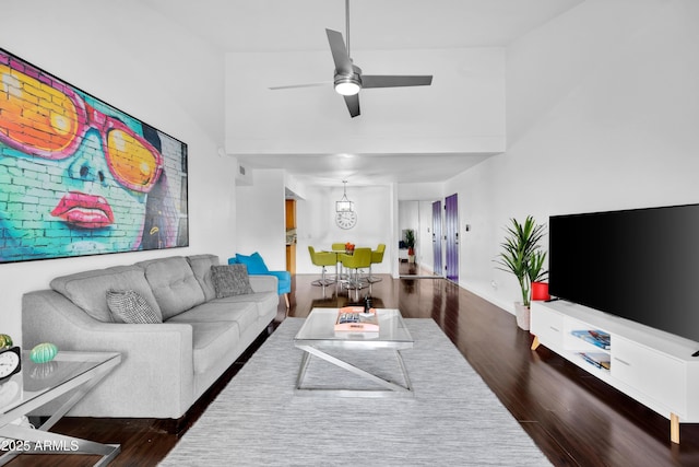 7350 N Via Paseo Del Sur Unit O202, Scottsdale, AZ 85258 - living room with baseboards, ceiling fan, and wood finished floors