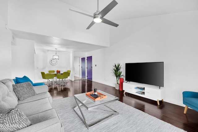 7350 N Via Paseo Del Sur Unit O202, Scottsdale, AZ 85258 - living room featuring baseboards, ceiling fan, wood finished floors, and high vaulted ceiling