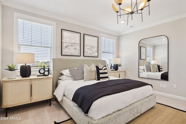 bedroom featuring a chandelier, ornamental molding, light carpet, and multiple windows