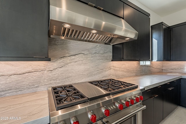 kitchen with decorative backsplash, stainless steel stove, and exhaust hood