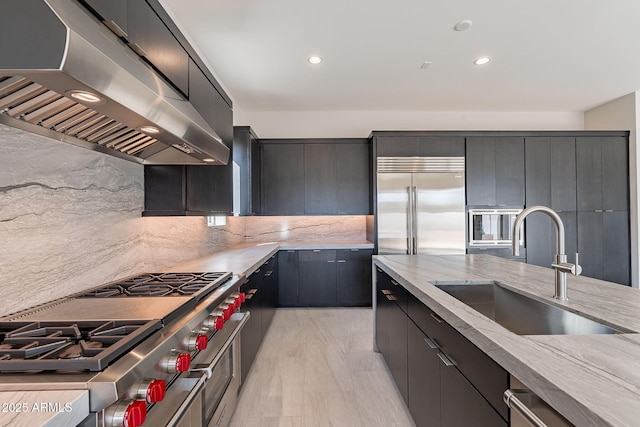 kitchen with light stone countertops, sink, premium appliances, range hood, and backsplash