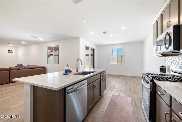 kitchen with light hardwood / wood-style floors, appliances with stainless steel finishes, sink, and a kitchen island with sink