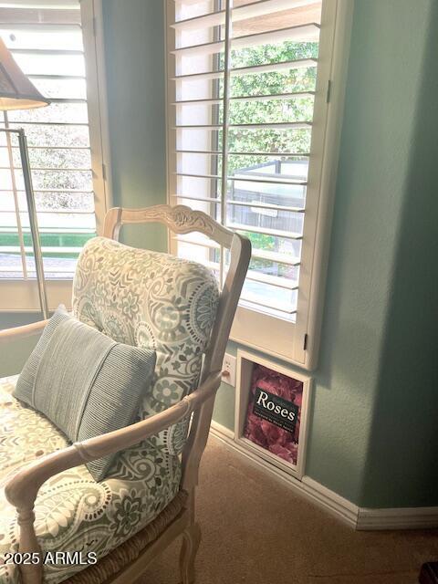 dining space featuring carpet and baseboards