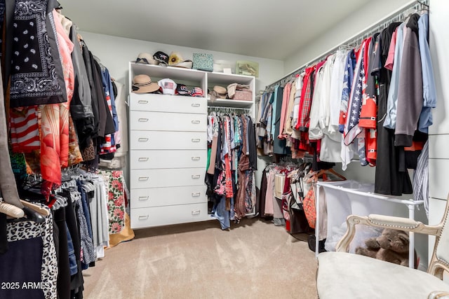 walk in closet featuring light colored carpet