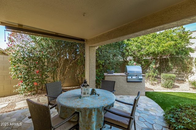 view of patio with grilling area, outdoor dining area, area for grilling, and a fenced backyard