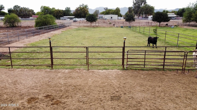 view of gate with a rural view and a mountain view