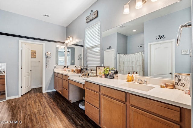 bathroom featuring vanity and hardwood / wood-style flooring