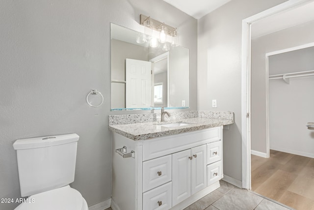 bathroom with vanity, hardwood / wood-style flooring, and toilet