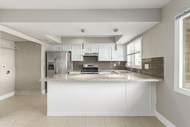 kitchen featuring pendant lighting, white cabinets, kitchen peninsula, and stainless steel appliances