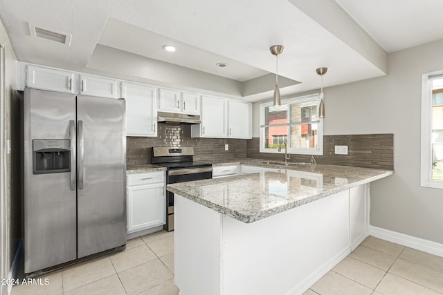 kitchen featuring appliances with stainless steel finishes, kitchen peninsula, white cabinets, and tasteful backsplash