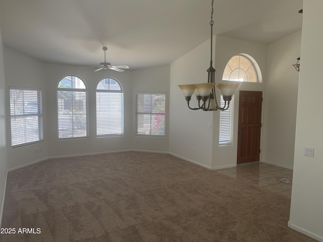 11109 W Amelia Ave, Avondale, AZ 85392 - unfurnished dining area featuring carpet floors, healthy amount of natural light, a chandelier, vaulted ceiling, and ceiling fan