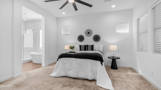 8140 E June St, Mesa, AZ 85207 - bedroom featuring carpet floors, recessed lighting, ensuite bath, and ceiling fan