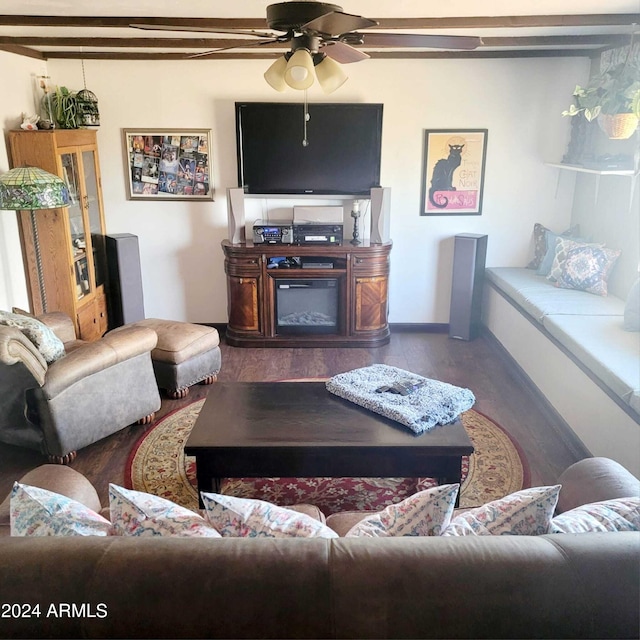 living room featuring a ceiling fan and wood finished floors