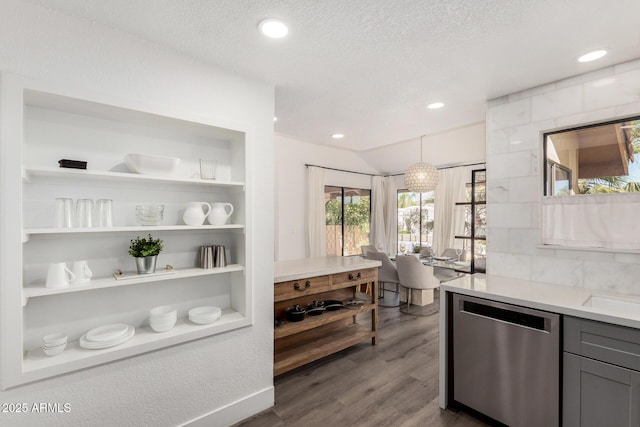 kitchen with gray cabinets, recessed lighting, light countertops, dishwasher, and dark wood-type flooring