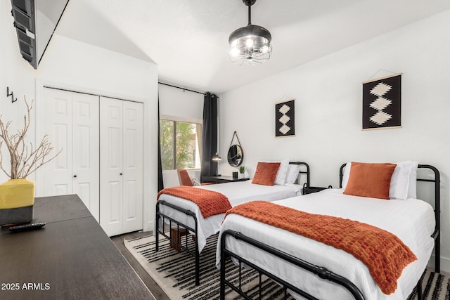bedroom with wood finished floors and a closet